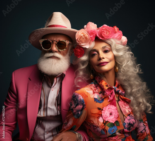 A portrait of an elderly couple - a woman with long gray hair adorned with flowers, wearing colorful clothing, and a man with a gray beard, wearing a hat and glasses, generative AI