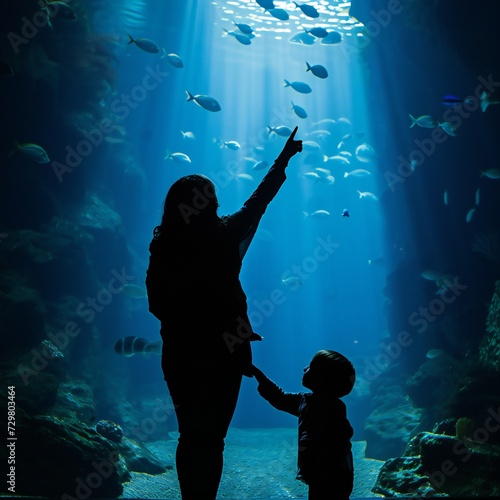 woman holding hand of a child in aquarium