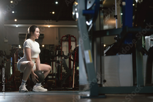 Young asian woman is working out with balls in gym.