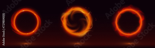 Red circle frames set isolated on transparent background. Vector realistic illustration of round neon borders with haze and shimmering particles, sparkles, magic power effect, space portal design