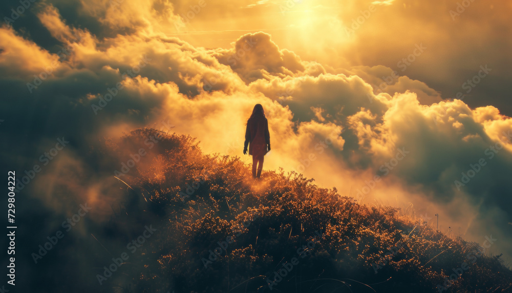 Ethereal Figure Amidst the Clouds at Sunset - obrazy, fototapety, plakaty 