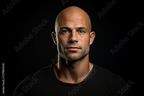 Portrait of a bald man in a black T-shirt on a black background