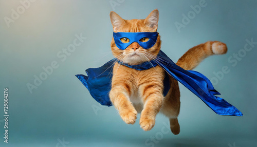 Adorable Superhero Cat with Blue Cloak Defying Gravity
