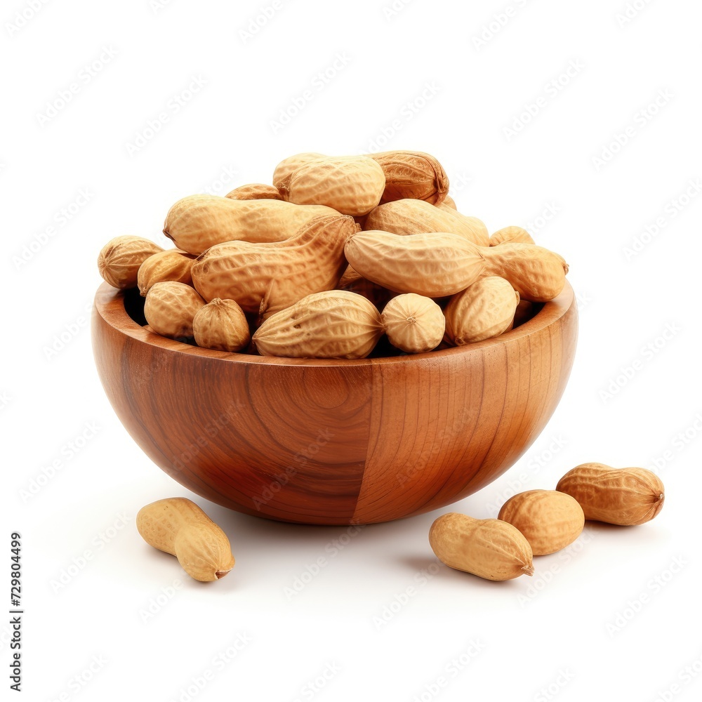 Photo of Peanuts in wooden bowl isolated on white background Photo of Peanuts in wooden bowl isolated on white background