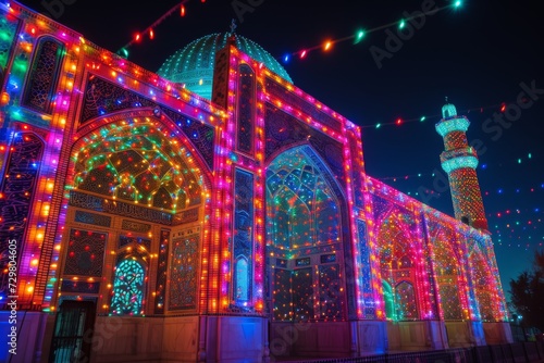 mosque, illuminated in vibrant hues, stands out against the backdrop of a night sky, creating a mesmerizing visual spectacle