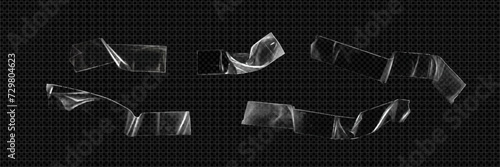 Transparent adhesive tape pieces set isolated on background. Vector realistic illustration of crumpled plastic sticky tape with wrinkled surface and uneven torn edges, sellotape packaging strips