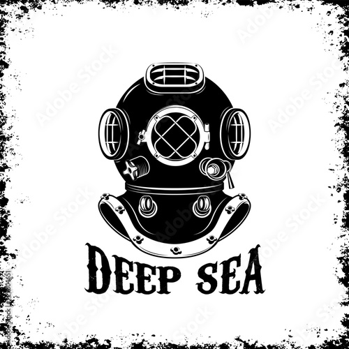 Deep Sea. Old style diver helmet on grunge background. Design element for t-shirt print, poster, emblem. Vector illustration.