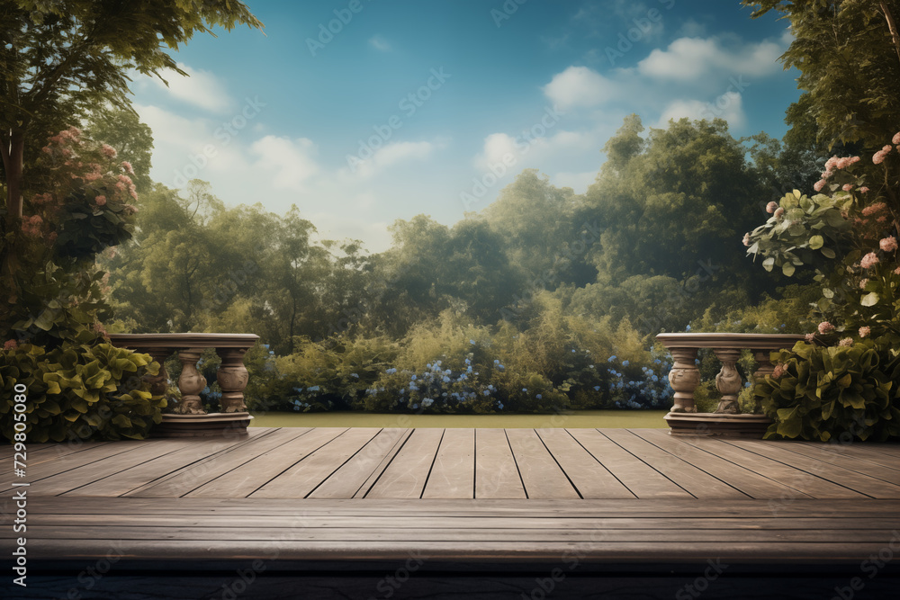 an empty platform against a background, garden, maximalist background, landscape-focused, photo backdrop, scene an empty platform against a background, garden, maximalist background, landscape-focused, photo backdrop, scene