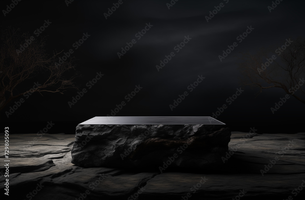 3D Slate Rock in Monochrome - Blending Contemporary Landscape with Raw Metallicity on a Wooden Stage