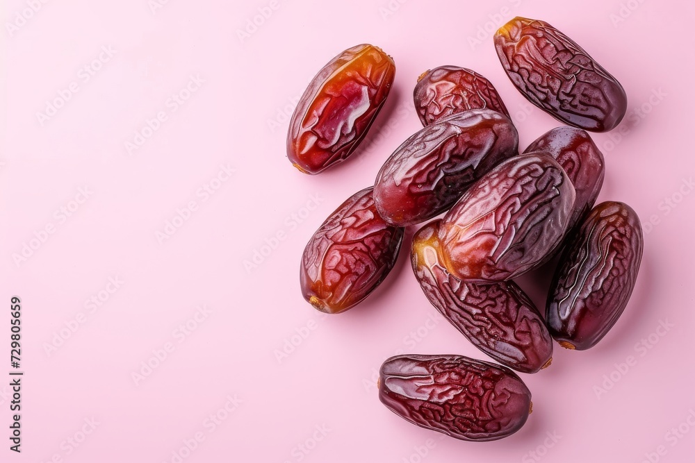 cluster of dates is showcased against a soft pink background, highlighting their glossy texture and rich, dark color cluster of dates is showcased against a soft pink background, highlighting their glossy texture and rich, dark color