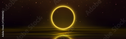 Circle frame with yellow neon light glow under calm water with ripples and reflection. Realistic vector illustration of golden led ring border on dark background. Luminous electric line round shape.