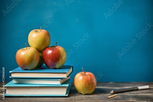 Educational supplies on blackboard background - books, globe, notepads, and colorful stationery