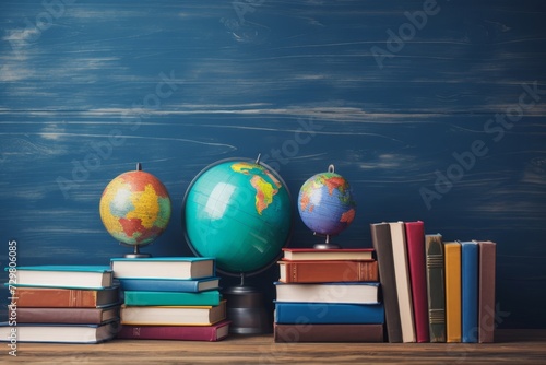 Colorful education essentials on wooden table with blackboard background and copy space