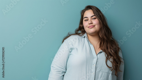 Attractive chubby girl posing against a teal colored wall