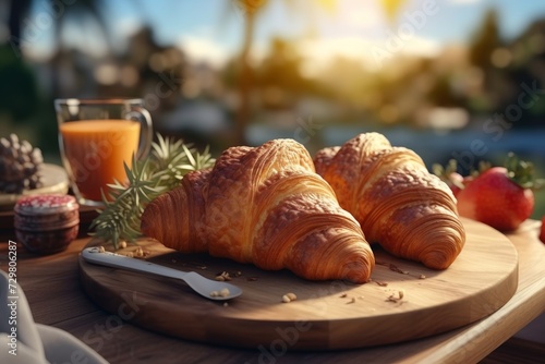 Tasty croissant and freshly brewed coffee on a cozy outdoor coffee table in the bustling city