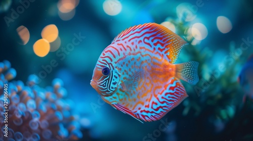 A mesmerizing image unfolds within the serene confines of an aquarium, showcasing the vibrant and graceful movements of Discus fish 