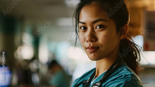 Healthcare Professional in Green Medical Scrubs with Stethoscope in Bright Hospital Environment