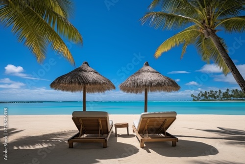 Tropical paradise. beach, sun loungers, palm frame - perfect getaway for relaxation and serenity