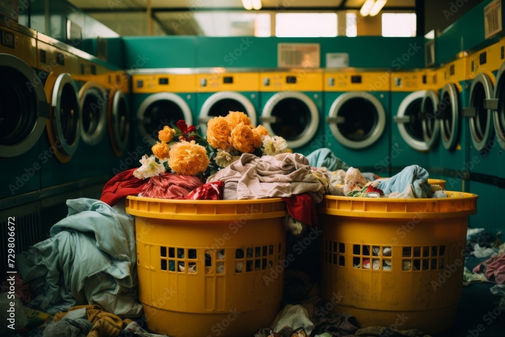 Dirty laundry piled next to washing machine, symbolizing laundry and cleanliness - obrazy, fototapety, plakaty 