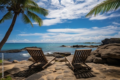 Tropical beach getaway. white sands, turquoise ocean, and palm leaf frame - relaxing vacation