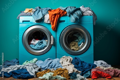 Heap of dirty clothes next to washing machine, symbolizing concept of laundry and cleanliness photo