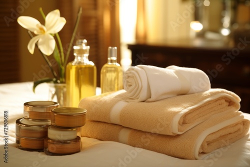 Soothing spa retreat. towels  herbal bags and beauty items for relaxation and rejuvenation