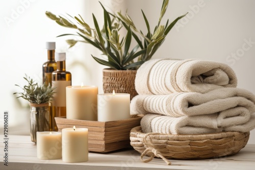Tranquil spa. herbal bags, towels, and beauty products for revitalizing rejuvenation