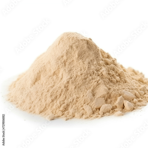 close up pile of finely dry organic fresh raw brown rice flour powder isolated on white background. bright colored heaps of herbal, spice or seasoning recipes clipping path. selective focus photo
