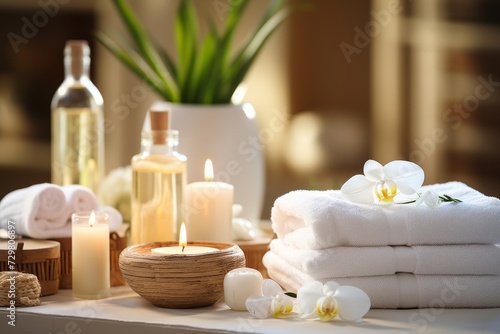 Spa bliss. towels  herbal bags and beauty essentials for rejuvenation and relaxation