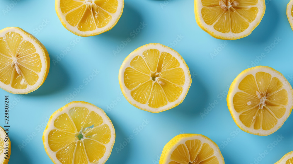 Top view slices of lemon seamless pattern on blue background, Flat lay minimal fashion summer holiday concept. 