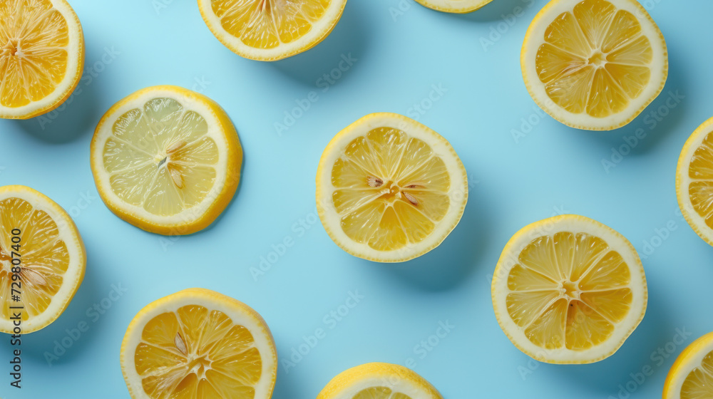 Top view slices of lemon seamless pattern on blue background, Flat lay minimal fashion summer holiday concept. Top view slices of lemon seamless pattern on blue background, Flat lay minimal fashion summer holiday concept.