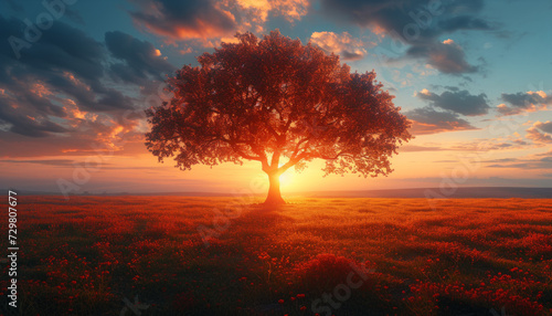Lone Tree in a Field of Flowers at Sunset