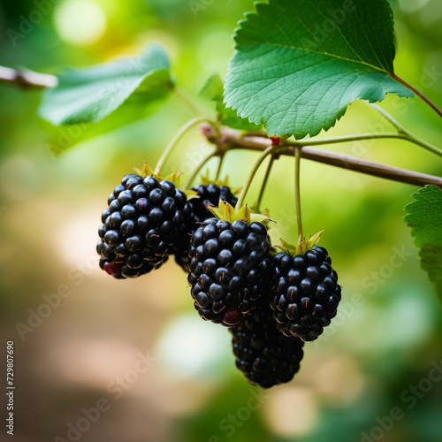 close-up of a fresh ripe blackberry hang on branch tree. autumn farm harvest and urban gardening concept with natural green foliage garden at the background. selective focus photo
