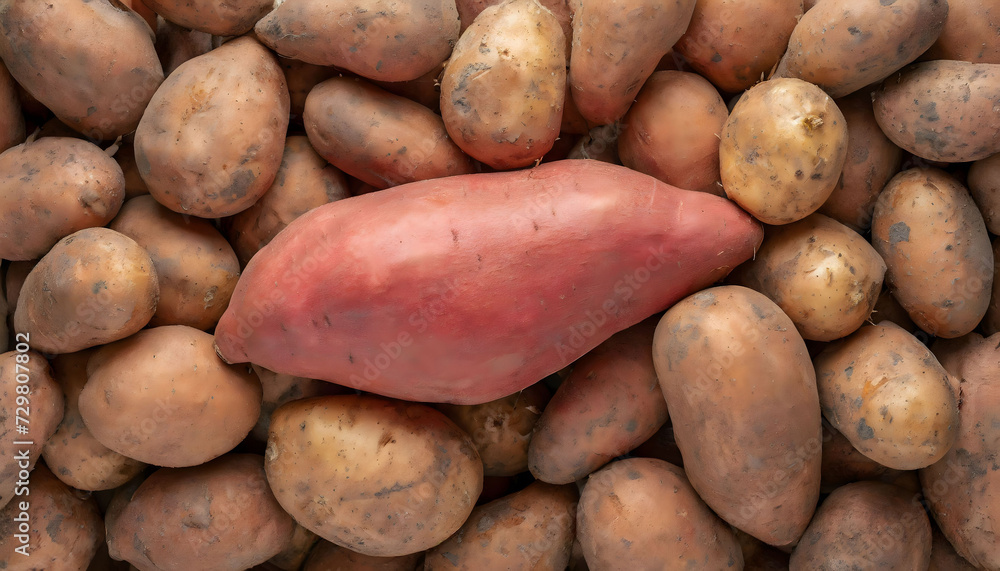A large red sweet potato on a pile of potatoes A large red sweet potato on a pile of potatoes