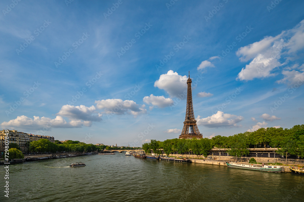 Paris France, city skyline at Eiffel Tower and Seine River