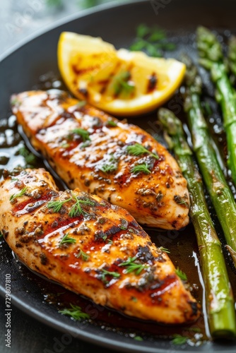 Grilled chicken breasts with asparagus and lemon
