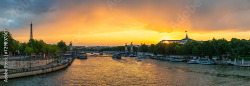 Paris France, panorama city skyline sunset at Seine River with Pont Alexandre III bridge and Grand Palais photo