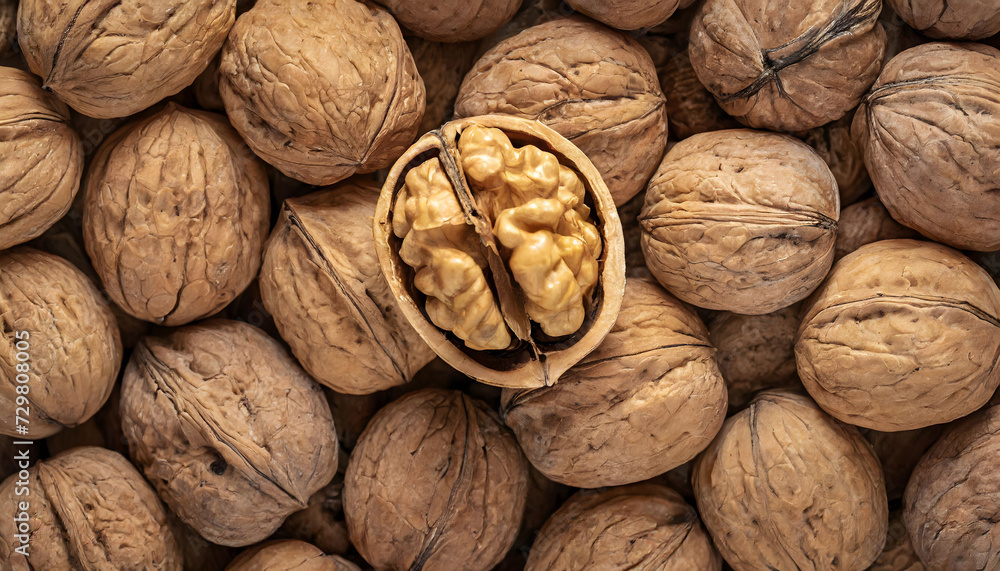 An open and delicious walnut on a pile of walnuts. An open and delicious walnut on a pile of walnuts.