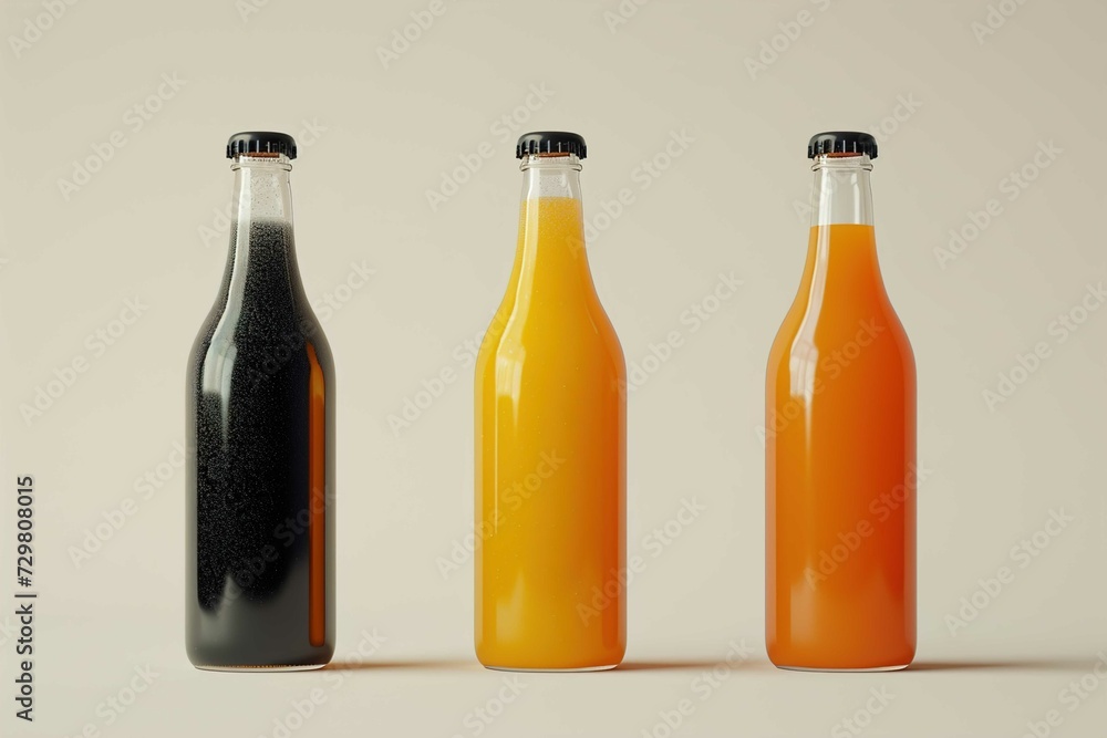 Bottles of natural vegetable or fruit juices with black caps without labels isolated on a white background Bottles of natural vegetable or fruit juices with black caps without labels isolated on a white background