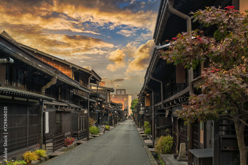 Takayama Gifu Japan, sunrise city skyline at Takayama old town Sannomachi street in autumn season Takayama Gifu Japan, sunrise city skyline at Takayama old town Sannomachi street in autumn season