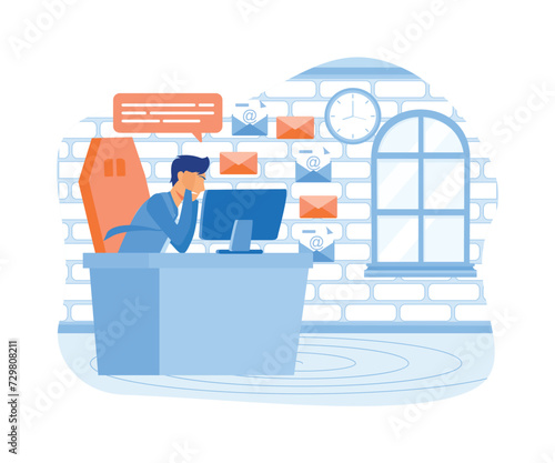 Information overload. Stressed person in info flood, reading multiple internet media, news and lot of online messages.  flat vector modern illustration 