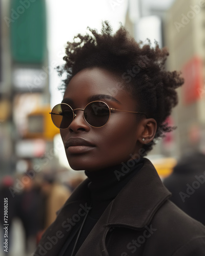 A woman wearing a black coat and sunglasses walks on a city street, creating a stylish and confident presence © Sergio