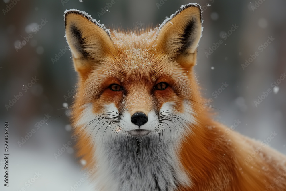 Fox in winter forest, close-up of a wild animal under snow looking at camera Fox in winter forest, close-up of a wild animal under snow looking at camera