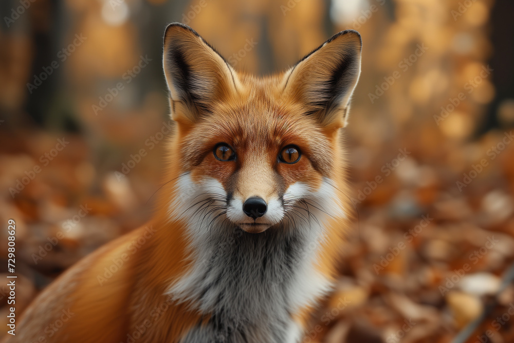Fox in autumn forest, Close-up wild animal outdoors during day looking at camera Fox in autumn forest, Close-up wild animal outdoors during day looking at camera