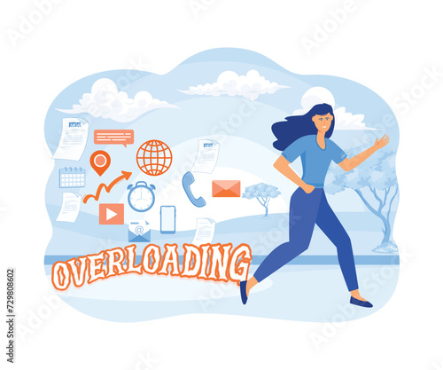 Information overload concept. Young woman running away from information stream.  flat vector modern illustration 