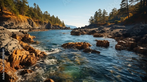 A rocky lakeside with waves gently lapping against the shore, capturing the rugged beauty of a pristine and untouched natural environment