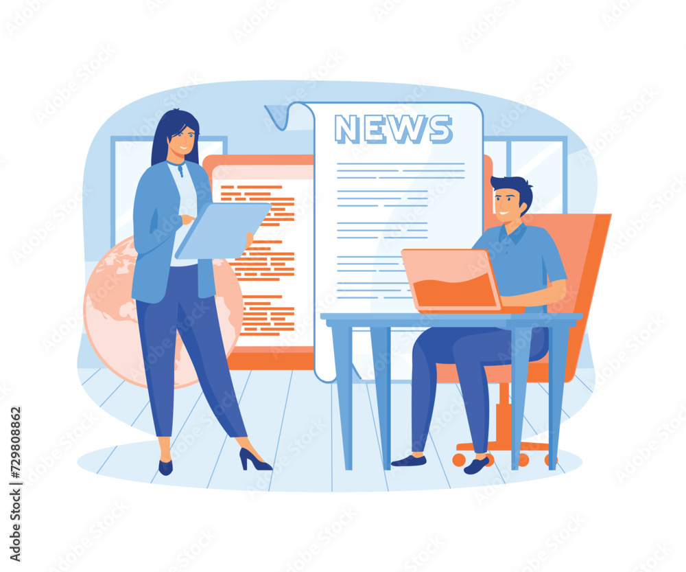  Business young men and women, reading latest or hot news online on smart phone or laptop. flat vector modern illustration 