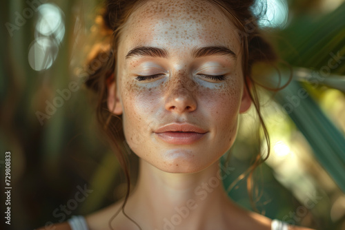 Calm carefree young woman with freckles and closed eyes enjoying peace and quiet, spiritual meditation practice in nature. Women's mental health, wellness