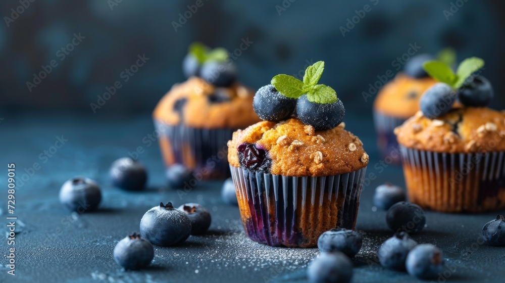 Blueberries are both on top of and embedded within the muffin, their dark color contrasting beautifully with the golden hue of the baked good Blueberries are both on top of and embedded within the muffin, their dark color contrasting beautifully with the golden hue of the baked good
