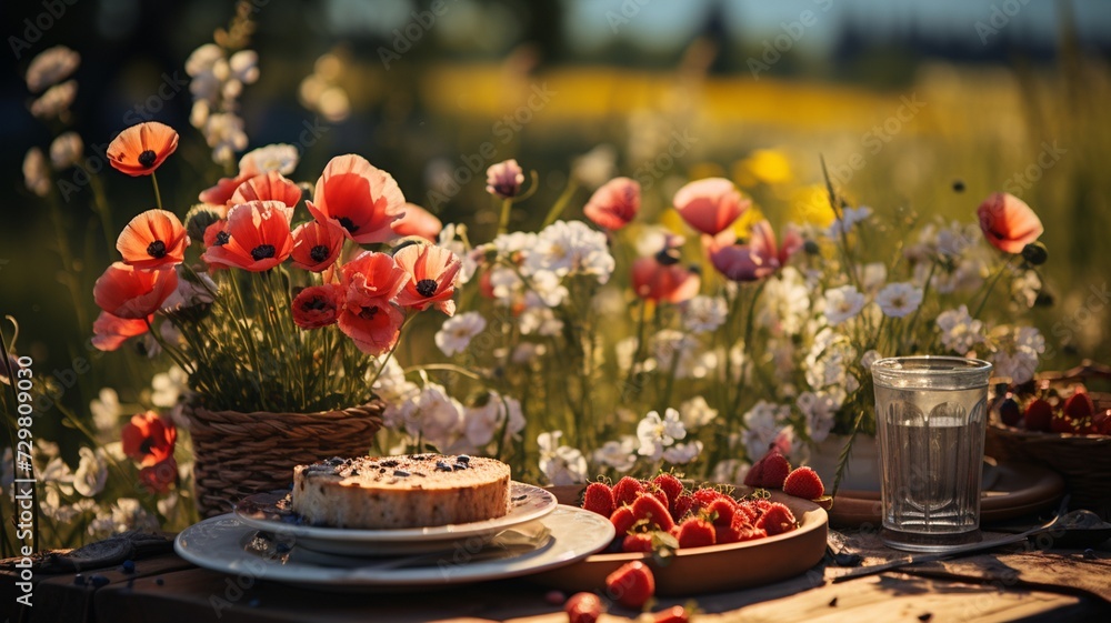 A picnic in a sunlit meadow surrounded by wildflowers, offering a perfect setting for friends and family to enjoy the leisurely days of summer.